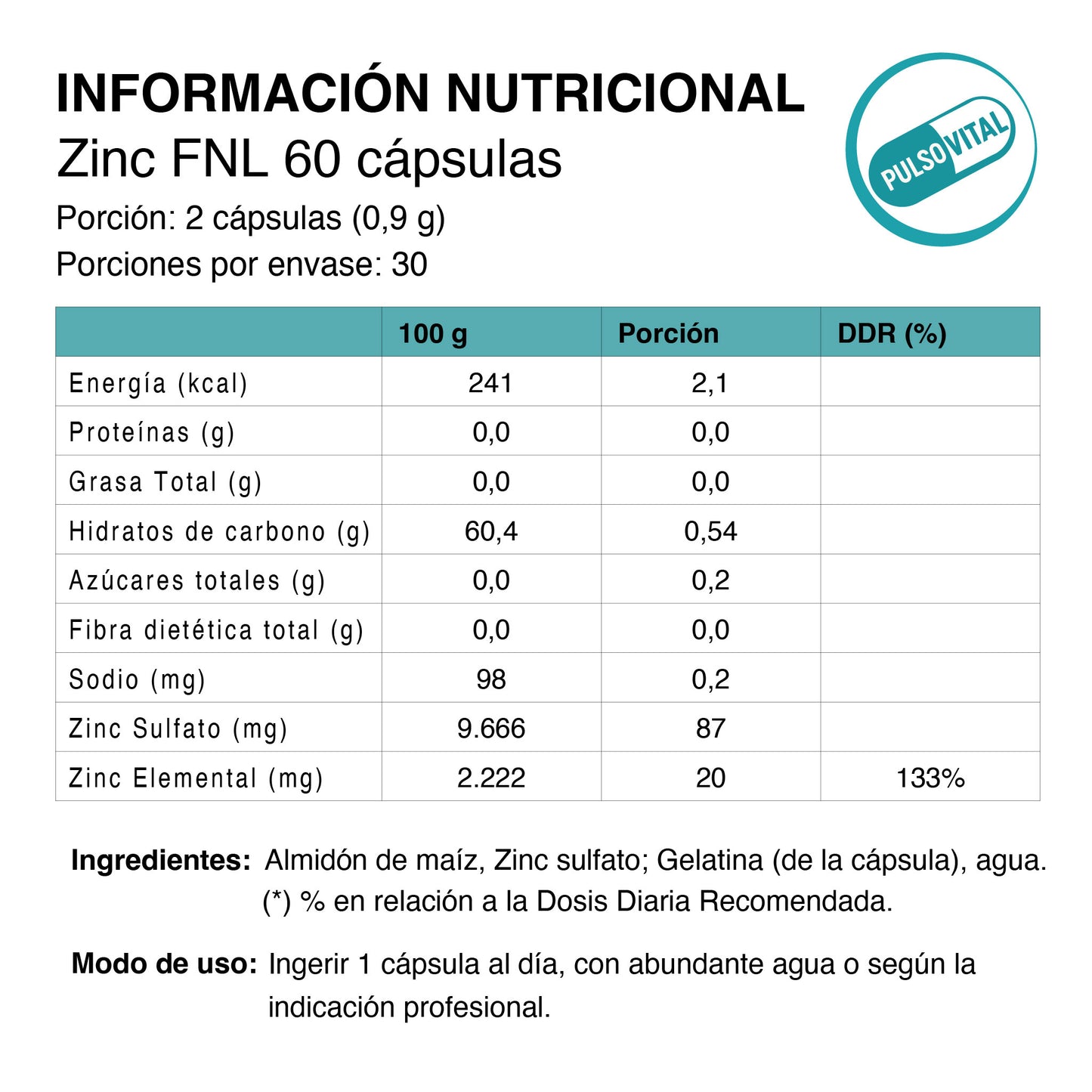 Zinc Sulfato FNL 6O cápsulas - Vitaminas y minerales