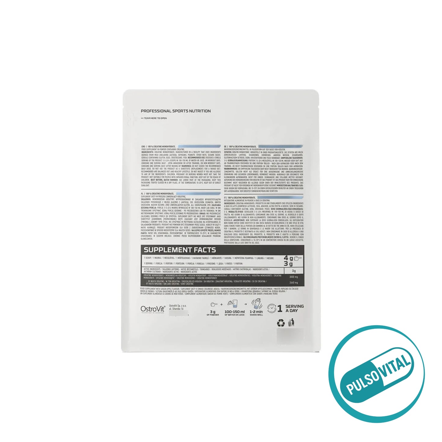 Creatina Monohidrato 1 kg – Ostrovit (333 porciones) - Suplementos para deportistas